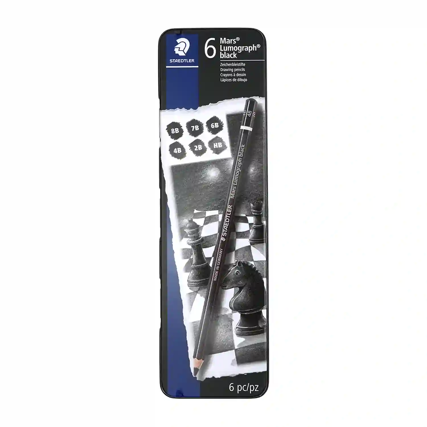 Staedtler Mars Lumograph Black Pencil Set 6 Pieces in Metal Case for Drawing and Sketching