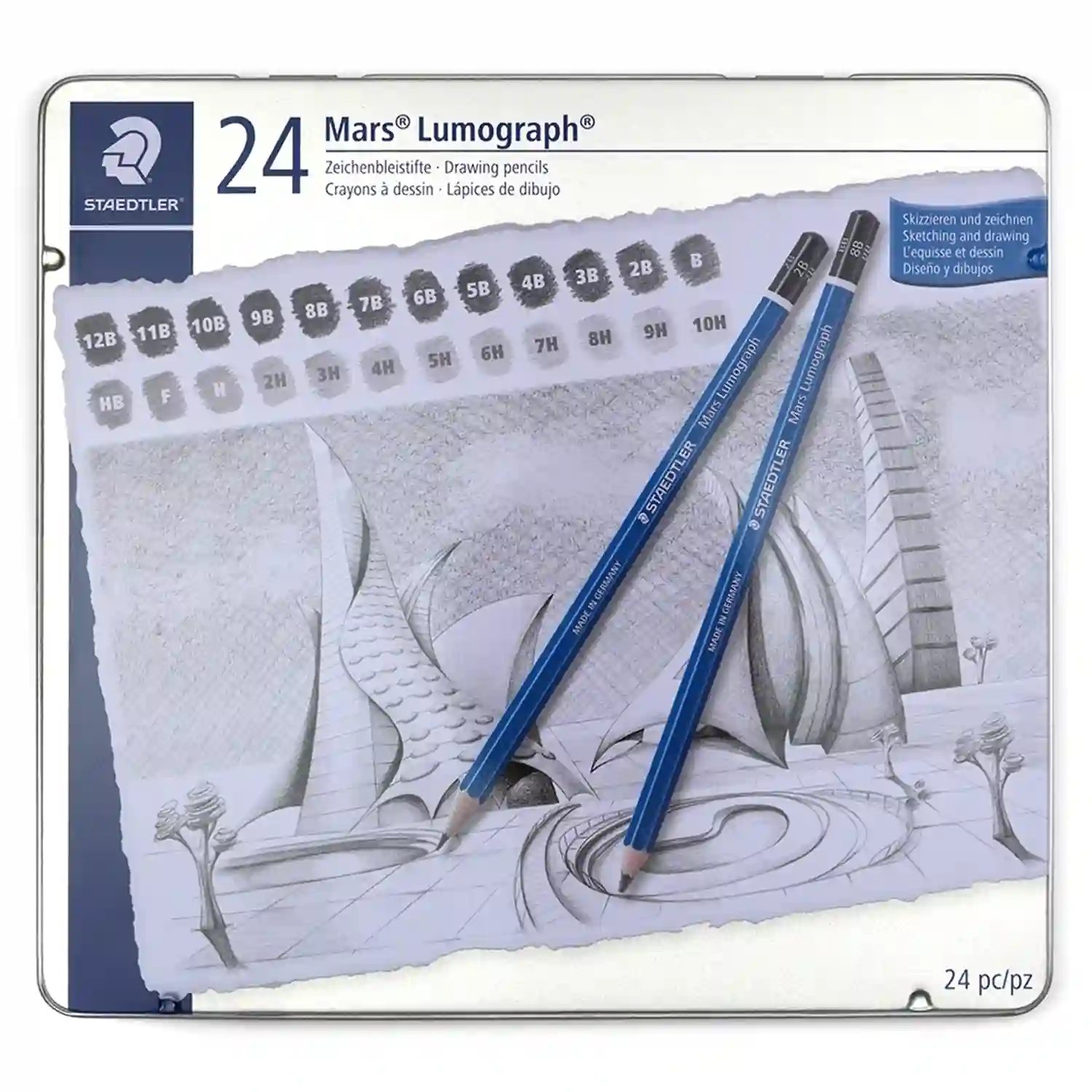 Staedtler Mars Lumograph Pencil Set 24 Pieces in Metal Case for Drawing and Sketching